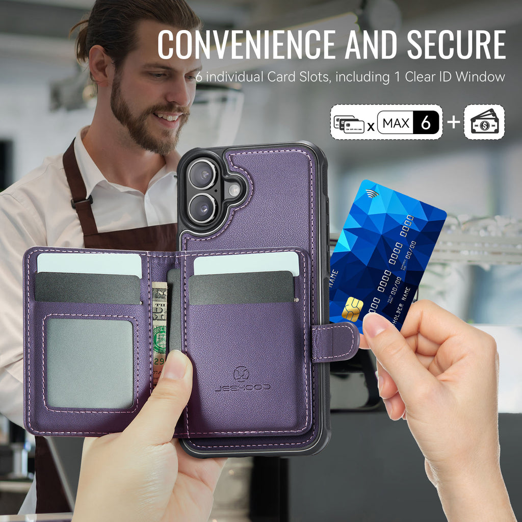 Étui JEEHOOD J09 pour iPhone 17 avec protection RFID, porte-cartes et coque arrière en cuir compatible MagSafe.