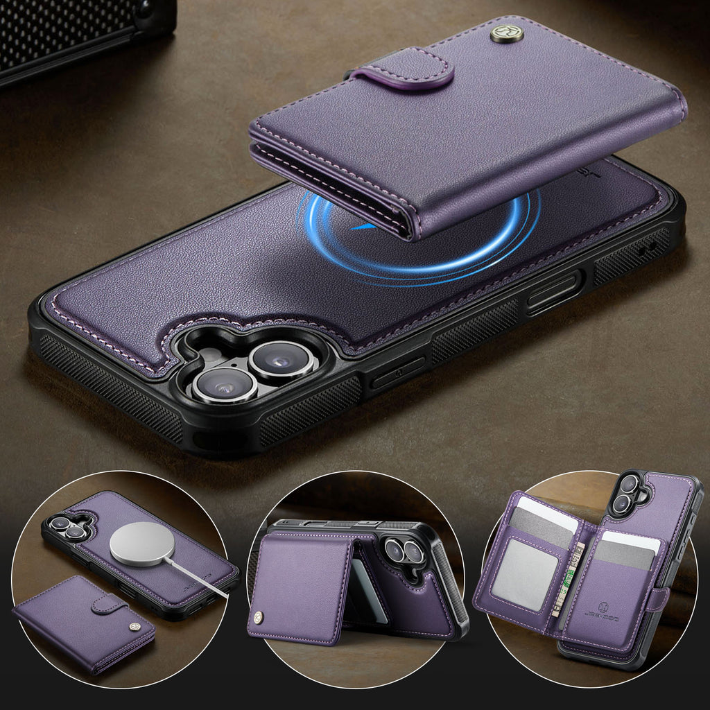 Étui JEEHOOD J09 pour iPhone 17 avec protection RFID, porte-cartes et coque arrière en cuir compatible MagSafe.