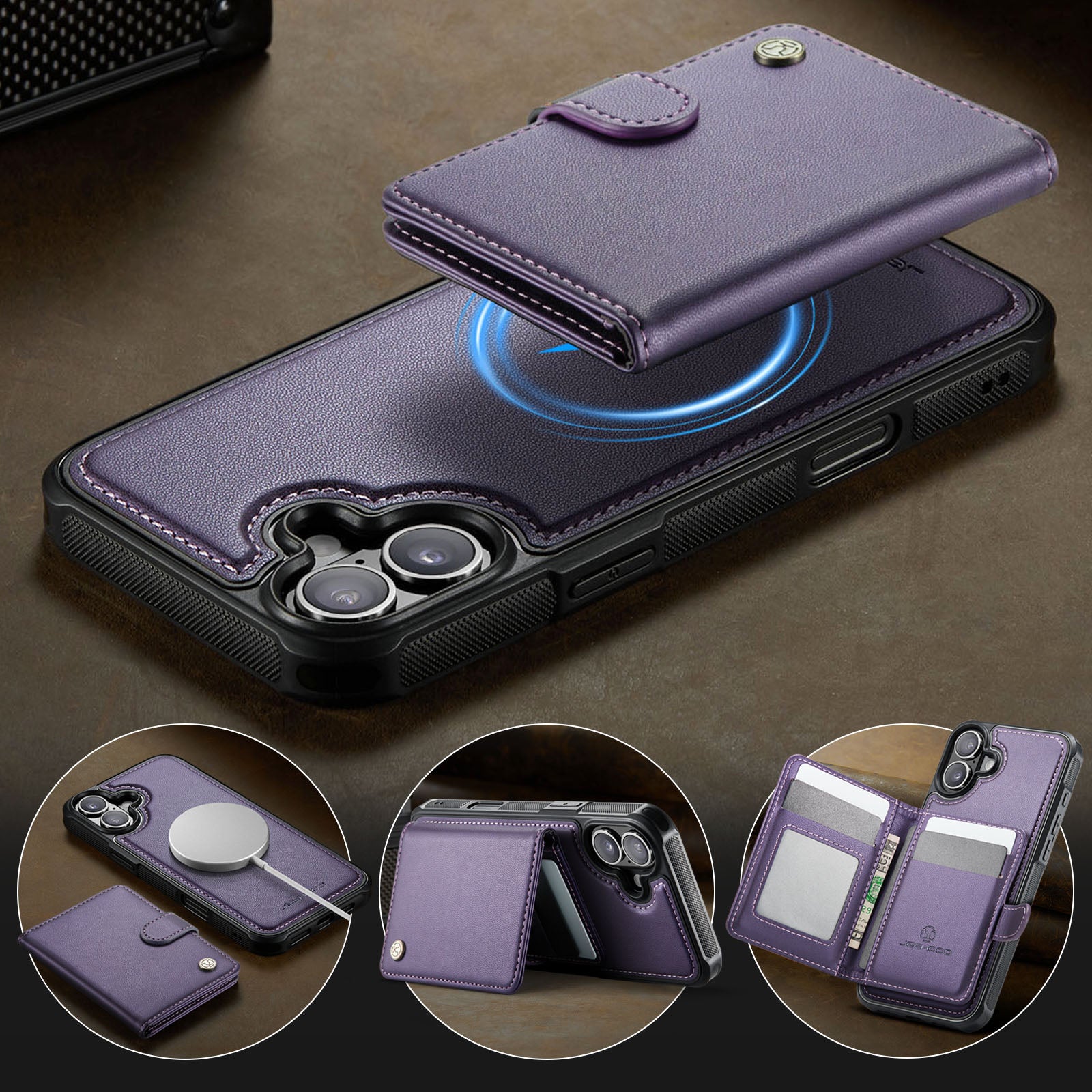 Étui JEEHOOD J09 pour iPhone 17 avec protection RFID, porte-cartes et coque arrière en cuir compatible MagSafe.