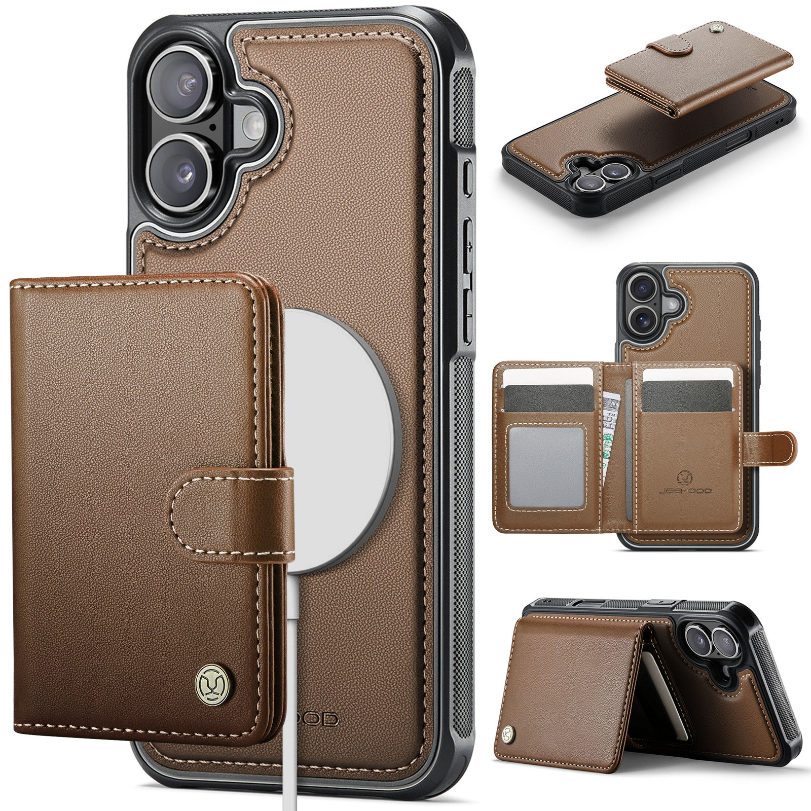 For iPhone 17 Case JEEHOOD J09 RFID Blocking Card Holder Leather Back Phone Cover Compatible with MagSafe