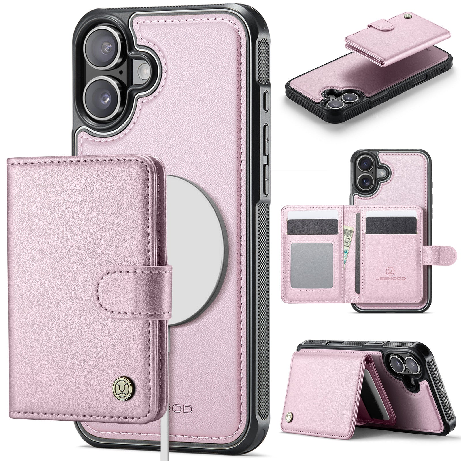 For iPhone 17 Case JEEHOOD J09 RFID Blocking Card Holder Leather Back Phone Cover Compatible with MagSafe