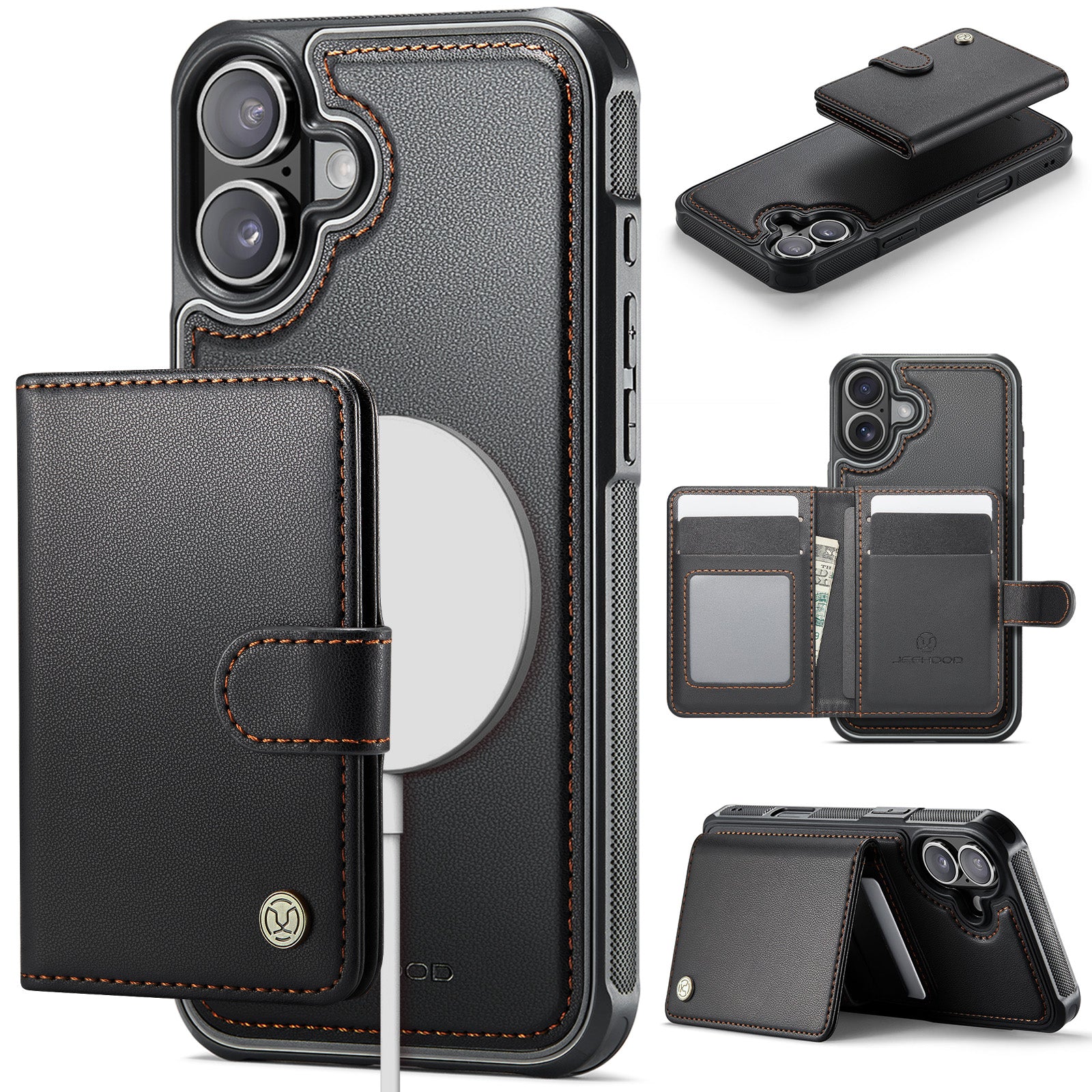 For iPhone 17 Case JEEHOOD J09 RFID Blocking Card Holder Leather Back Phone Cover Compatible with MagSafe