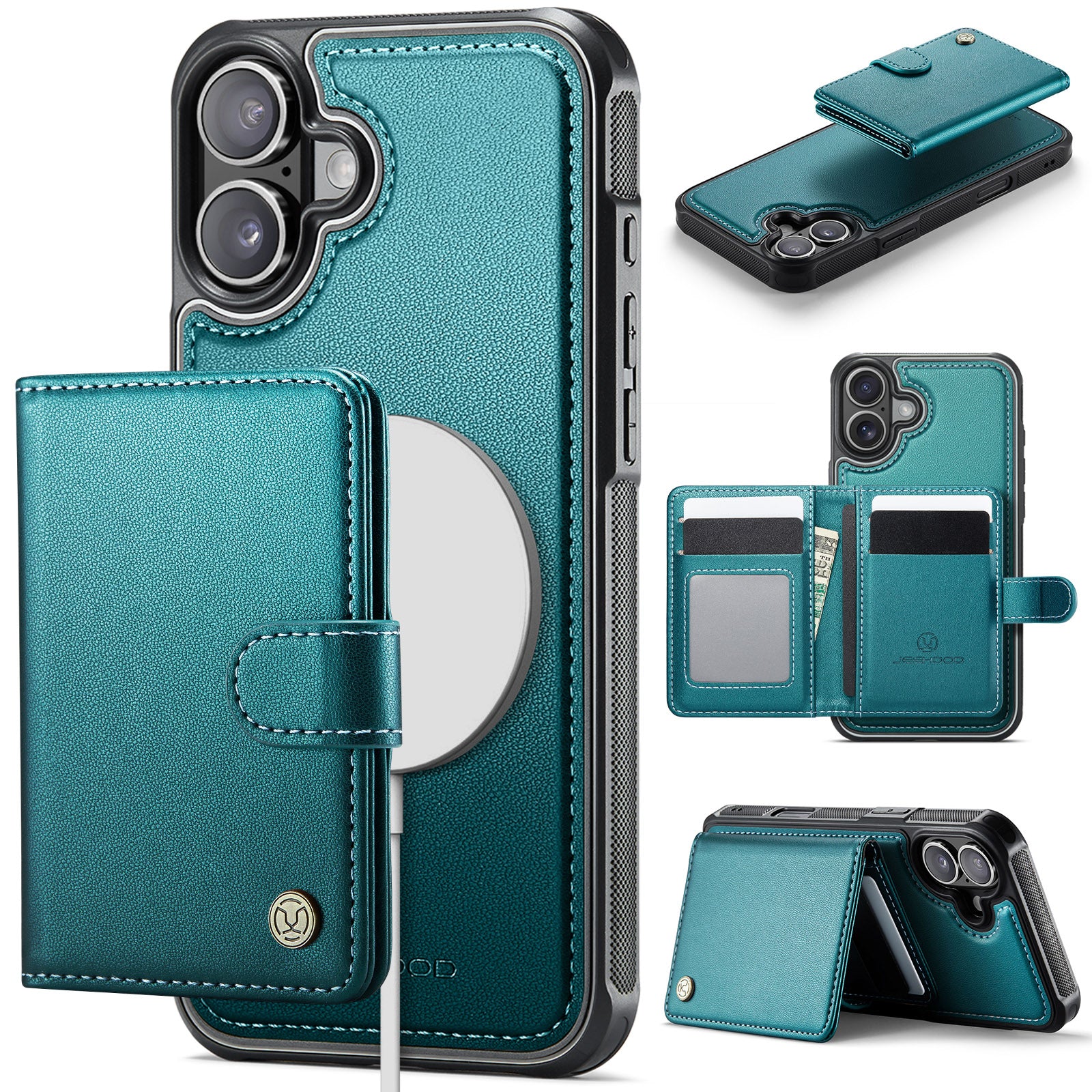 For iPhone 17 Case JEEHOOD J09 RFID Blocking Card Holder Leather Back Phone Cover Compatible with MagSafe