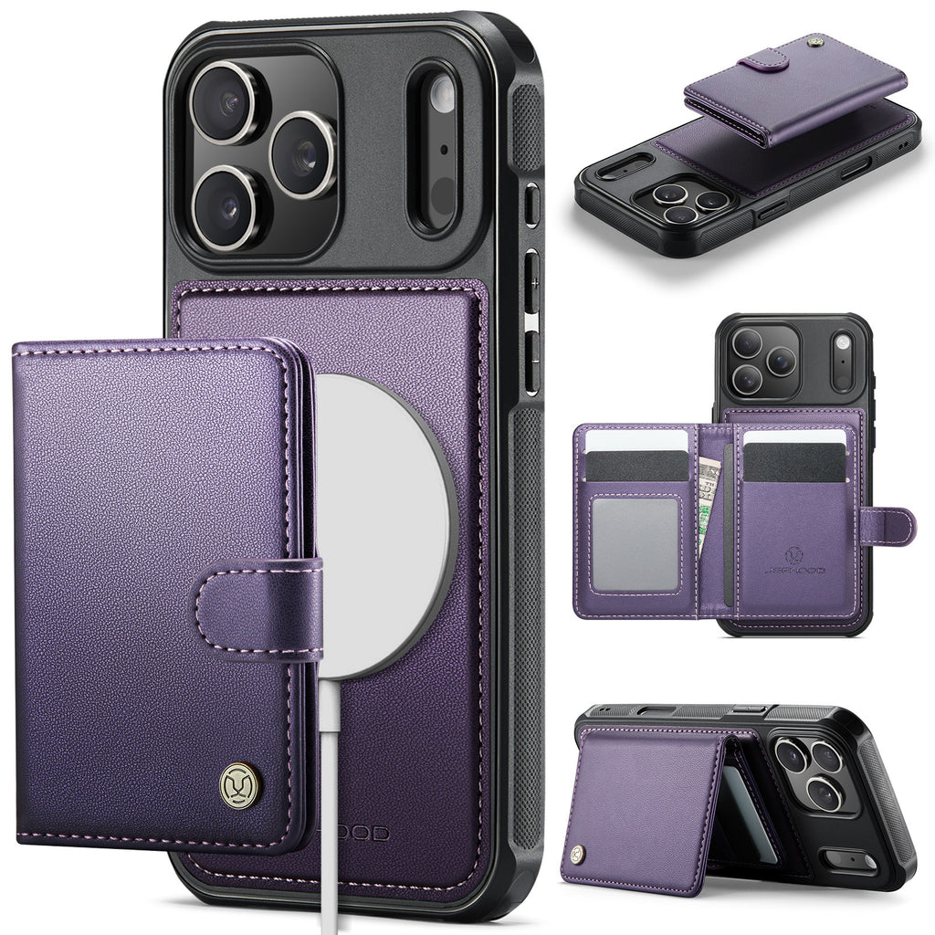 Funda JEEHOOD J09 para iPhone 17 Pro con bloqueo RFID, tarjetero y cubierta trasera de cuero compatible con MagSafe.