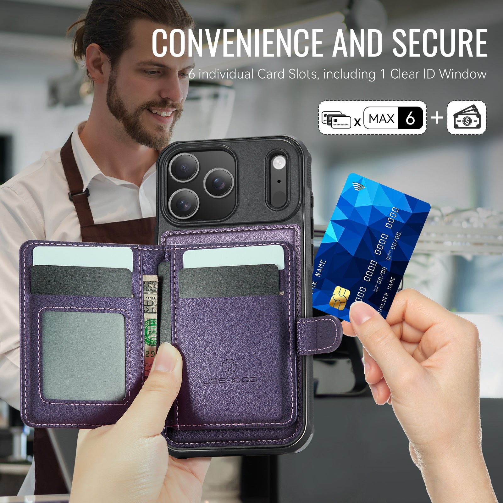 Étui JEEHOOD J09 pour iPhone 17 Pro avec porte-cartes et protection RFID, compatible MagSafe. Coque arrière en cuir.