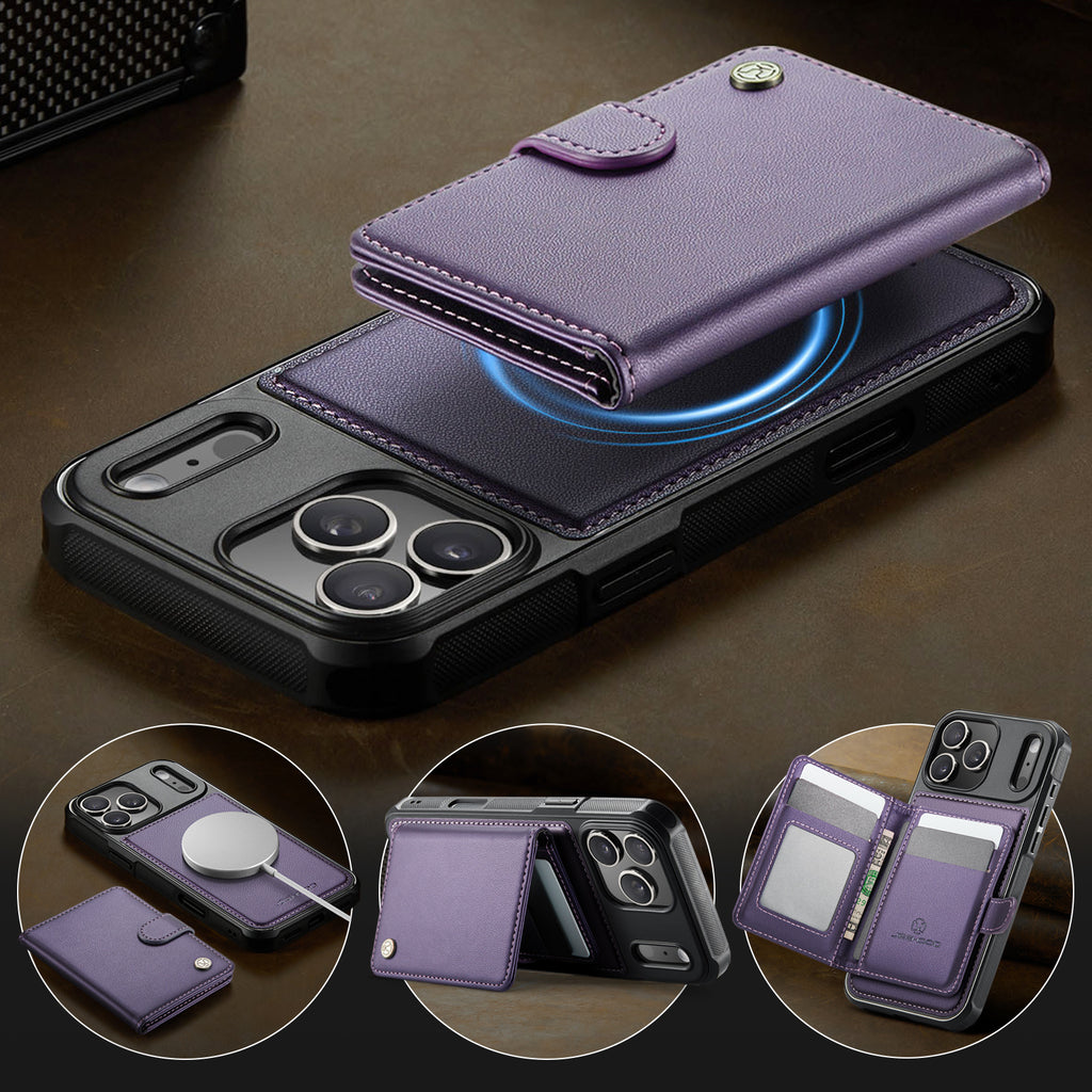 Étui JEEHOOD J09 pour iPhone 17 Pro avec porte-cartes et protection RFID, compatible MagSafe. Coque arrière en cuir.