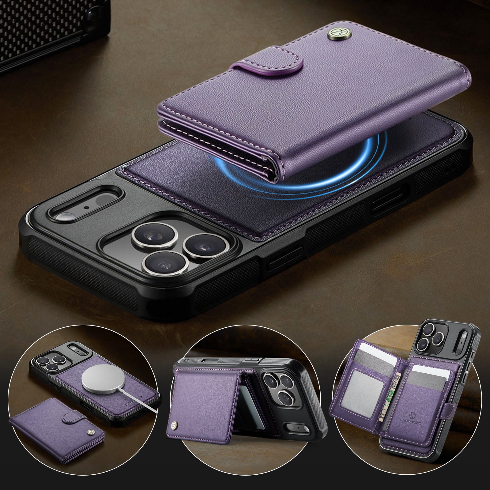 Étui JEEHOOD J09 pour iPhone 17 Pro avec porte-cartes et protection RFID, compatible MagSafe. Coque arrière en cuir.