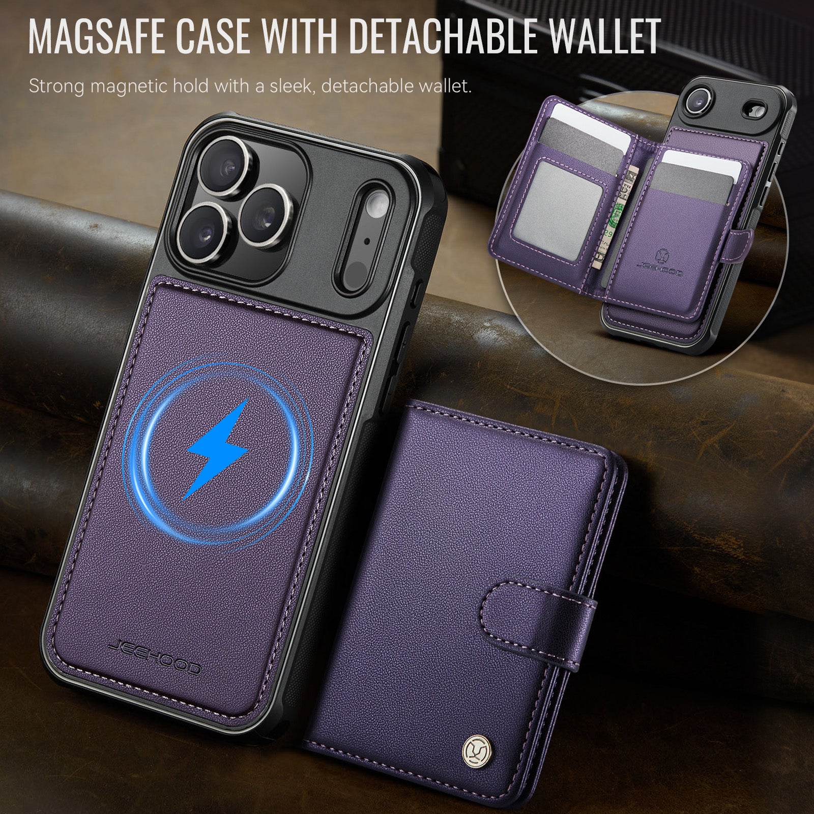 For iPhone 17 Pro Max Case JEEHOOD J09 RFID Blocking Card Holder Leather Back Phone Cover Compatible with MagSafe