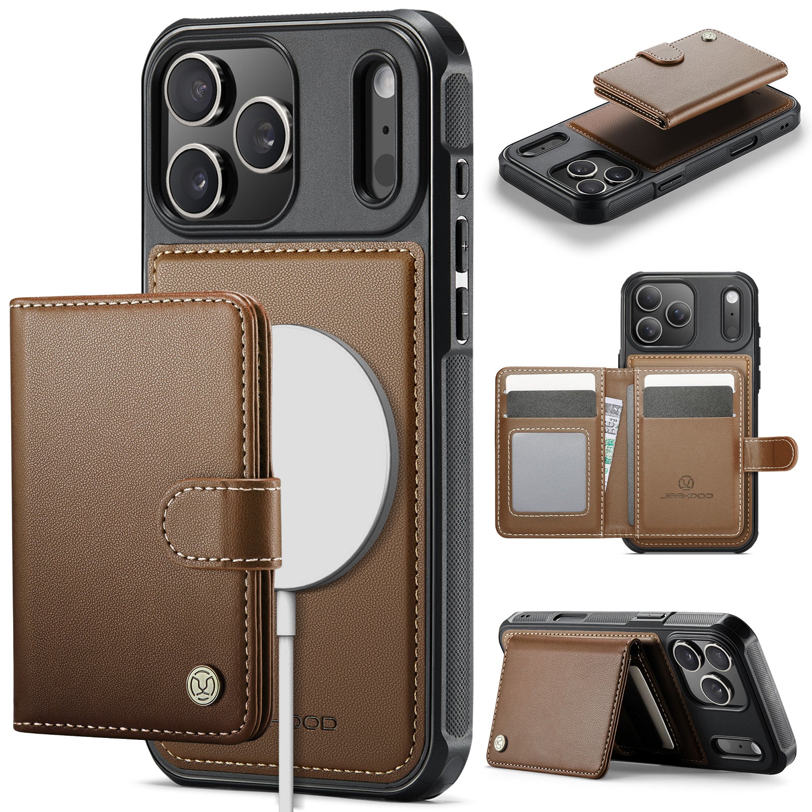 For iPhone 17 Pro Max Case JEEHOOD J09 RFID Blocking Card Holder Leather Back Phone Cover Compatible with MagSafe