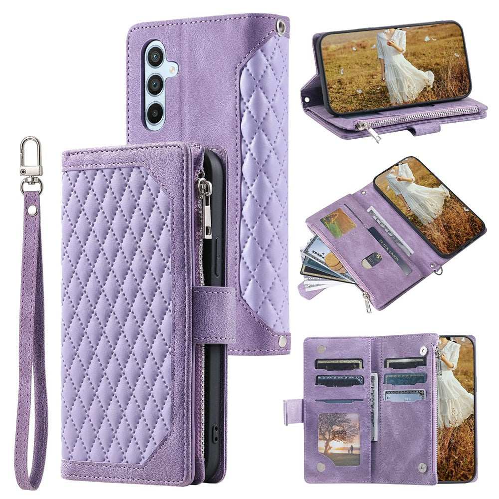 For Samsung Galaxy S26  /  S26 Pro Wallet Case Rhombus Stitching Line PU Leather Phone Cover with Wrist Strap