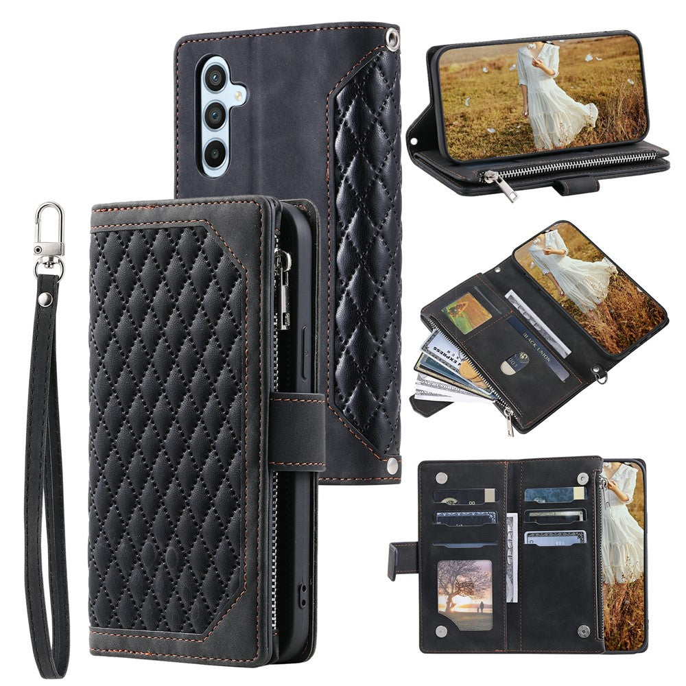 For Samsung Galaxy S26  /  S26 Pro Wallet Case Rhombus Stitching Line PU Leather Phone Cover with Wrist Strap
