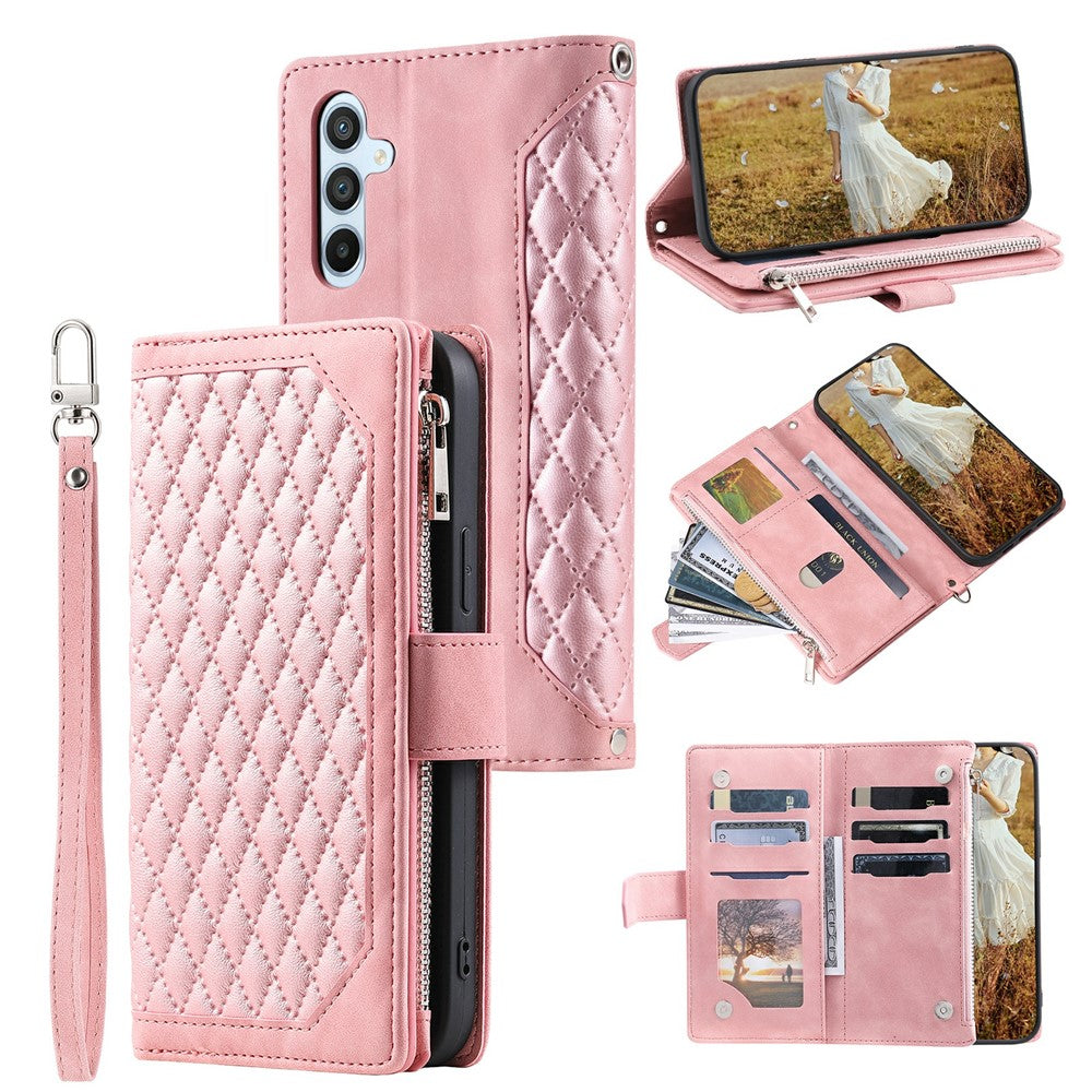 For Samsung Galaxy S26  /  S26 Pro Wallet Case Rhombus Stitching Line PU Leather Phone Cover with Wrist Strap