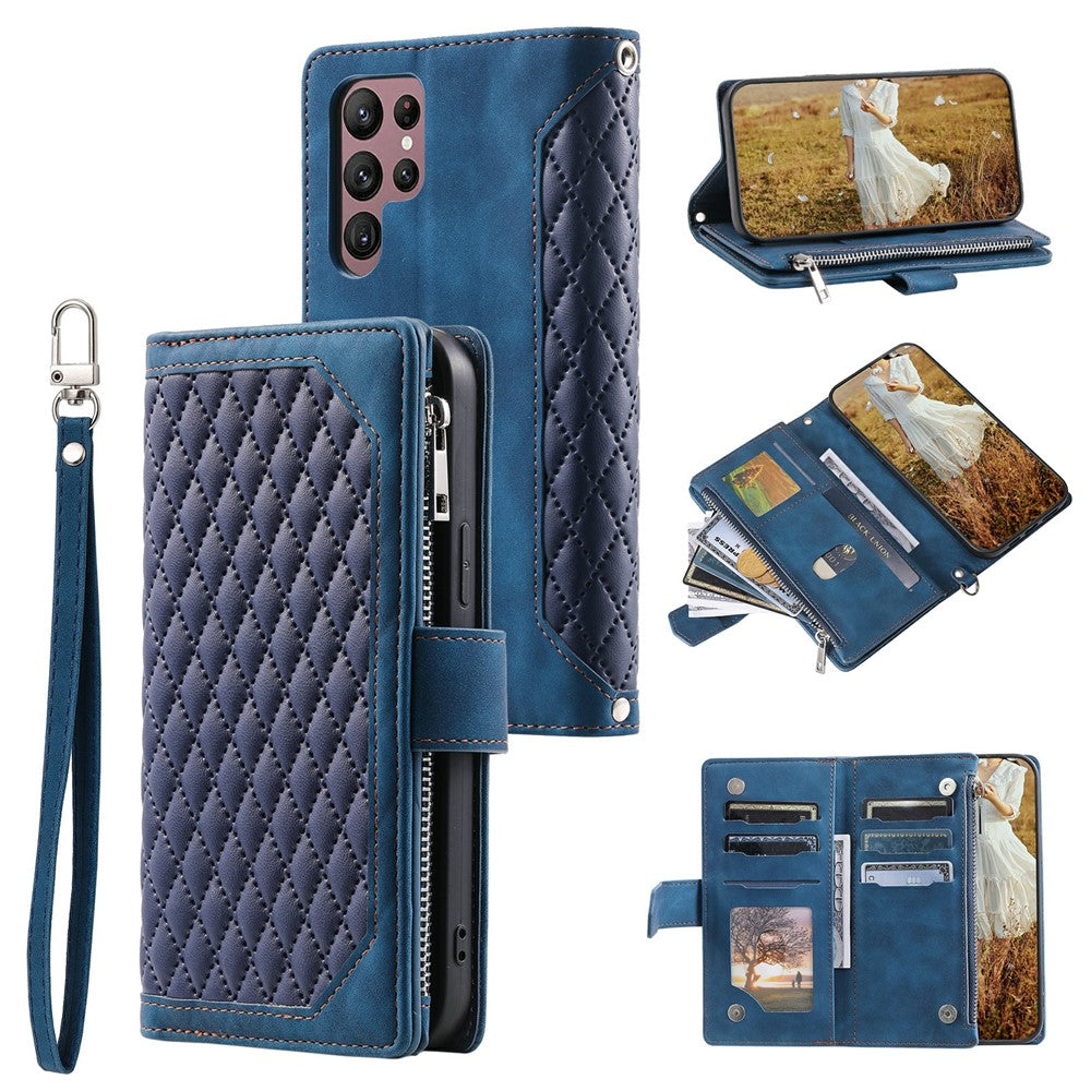 For Samsung Galaxy S26 Ultra Wallet Case Rhombus Stitching Line PU Leather Phone Cover with Wrist Strap