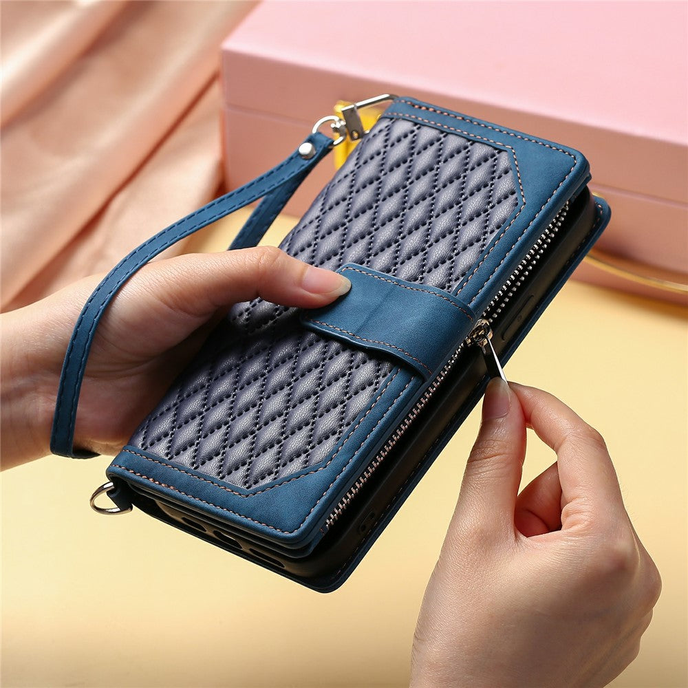 For Samsung Galaxy S26 Ultra Wallet Case Rhombus Stitching Line PU Leather Phone Cover with Wrist Strap