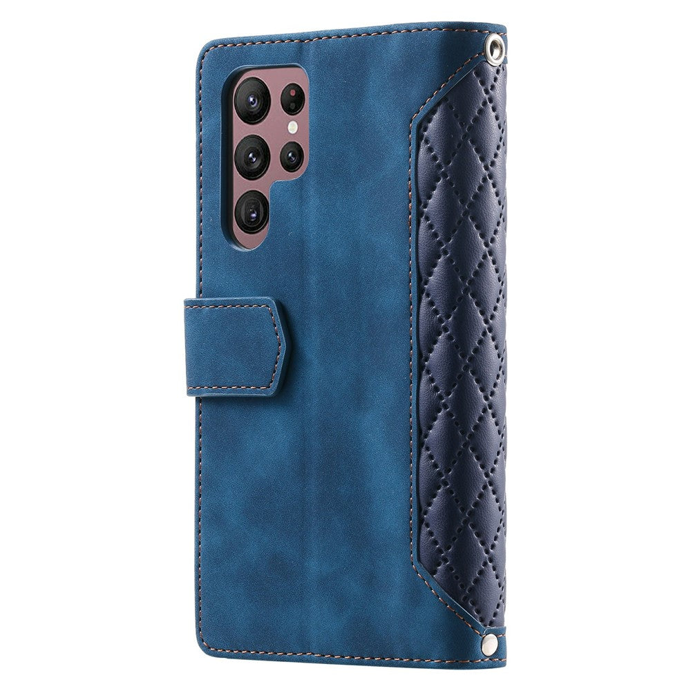 For Samsung Galaxy S26 Ultra Wallet Case Rhombus Stitching Line PU Leather Phone Cover with Wrist Strap