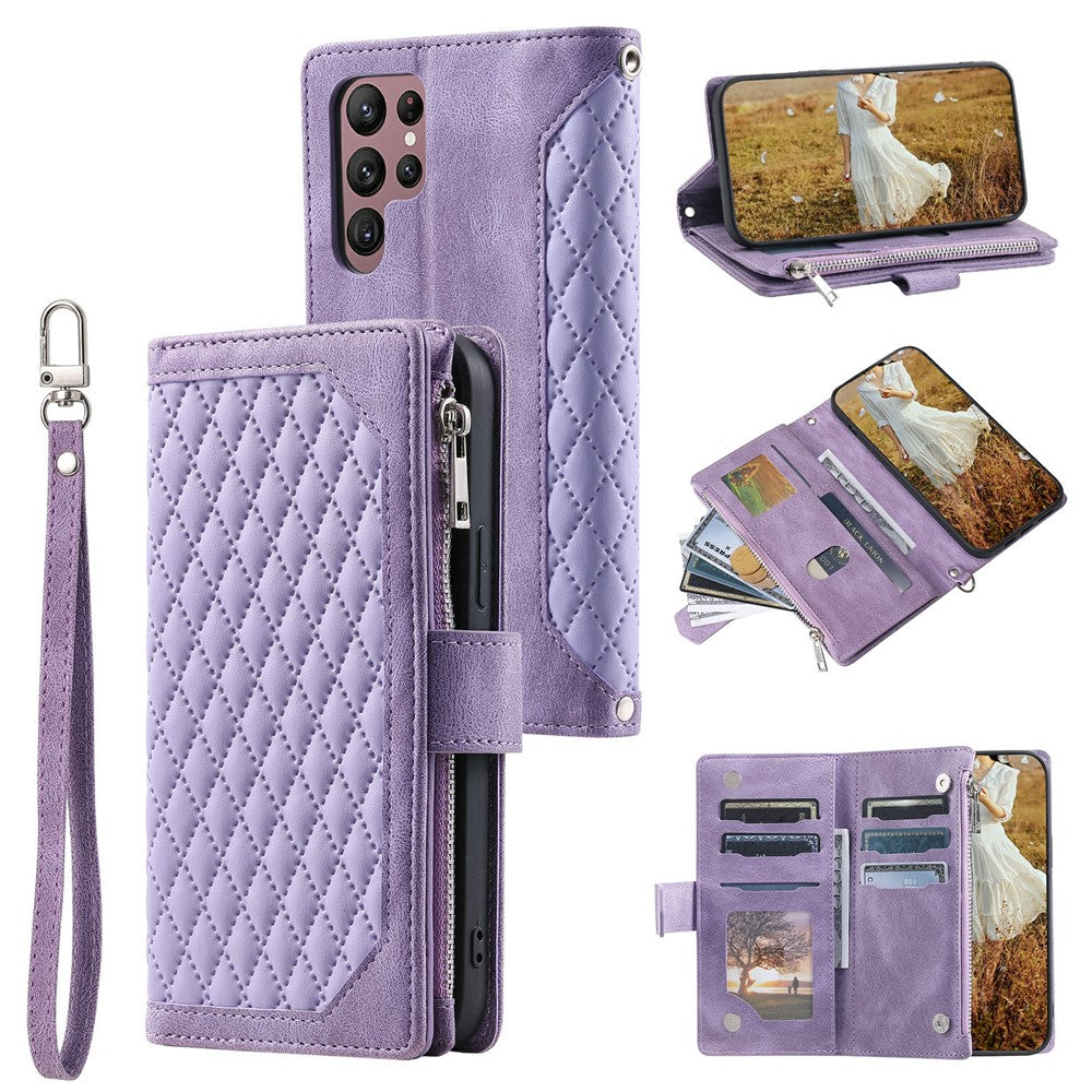 For Samsung Galaxy S26 Ultra Wallet Case Rhombus Stitching Line PU Leather Phone Cover with Wrist Strap
