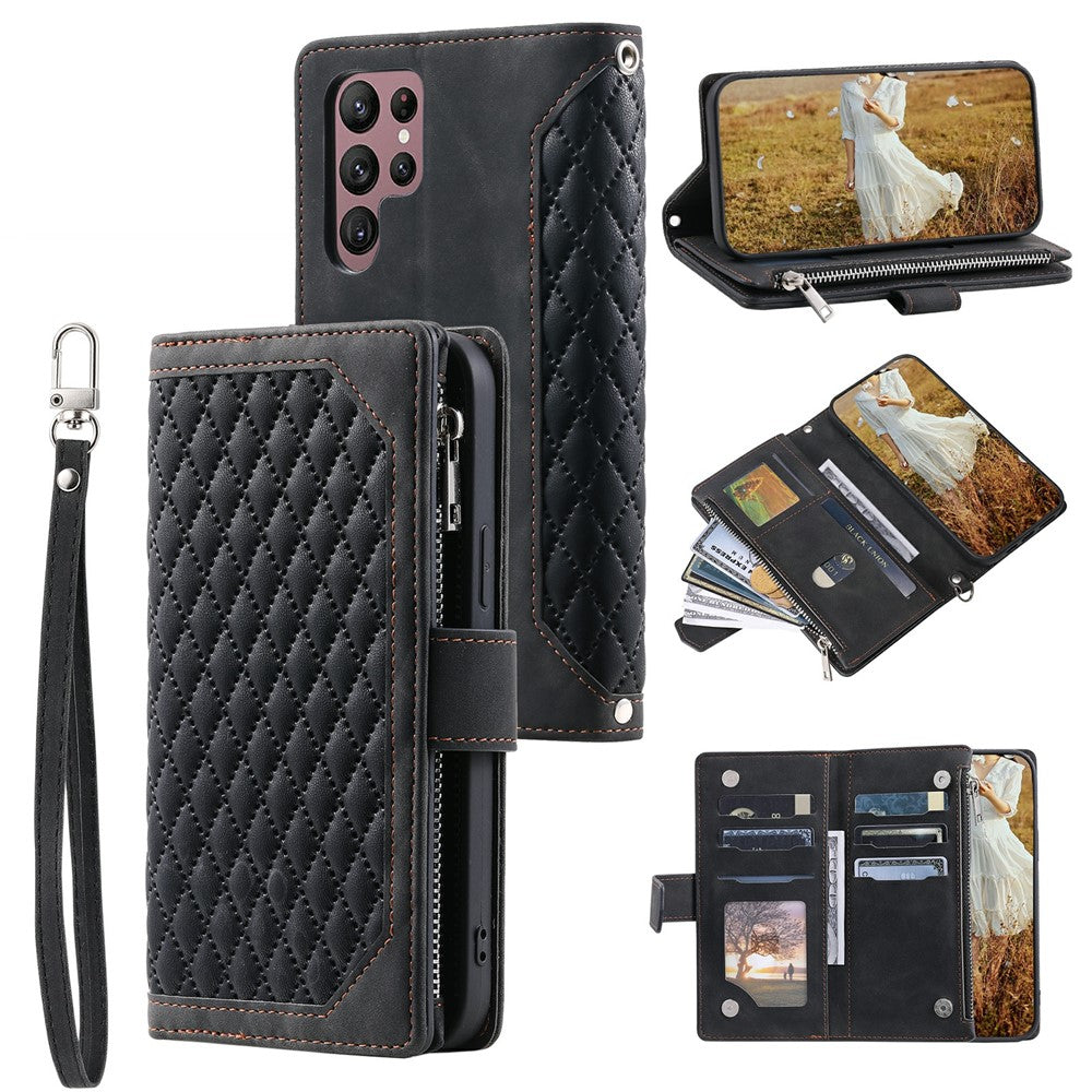 For Samsung Galaxy S26 Ultra Wallet Case Rhombus Stitching Line PU Leather Phone Cover with Wrist Strap