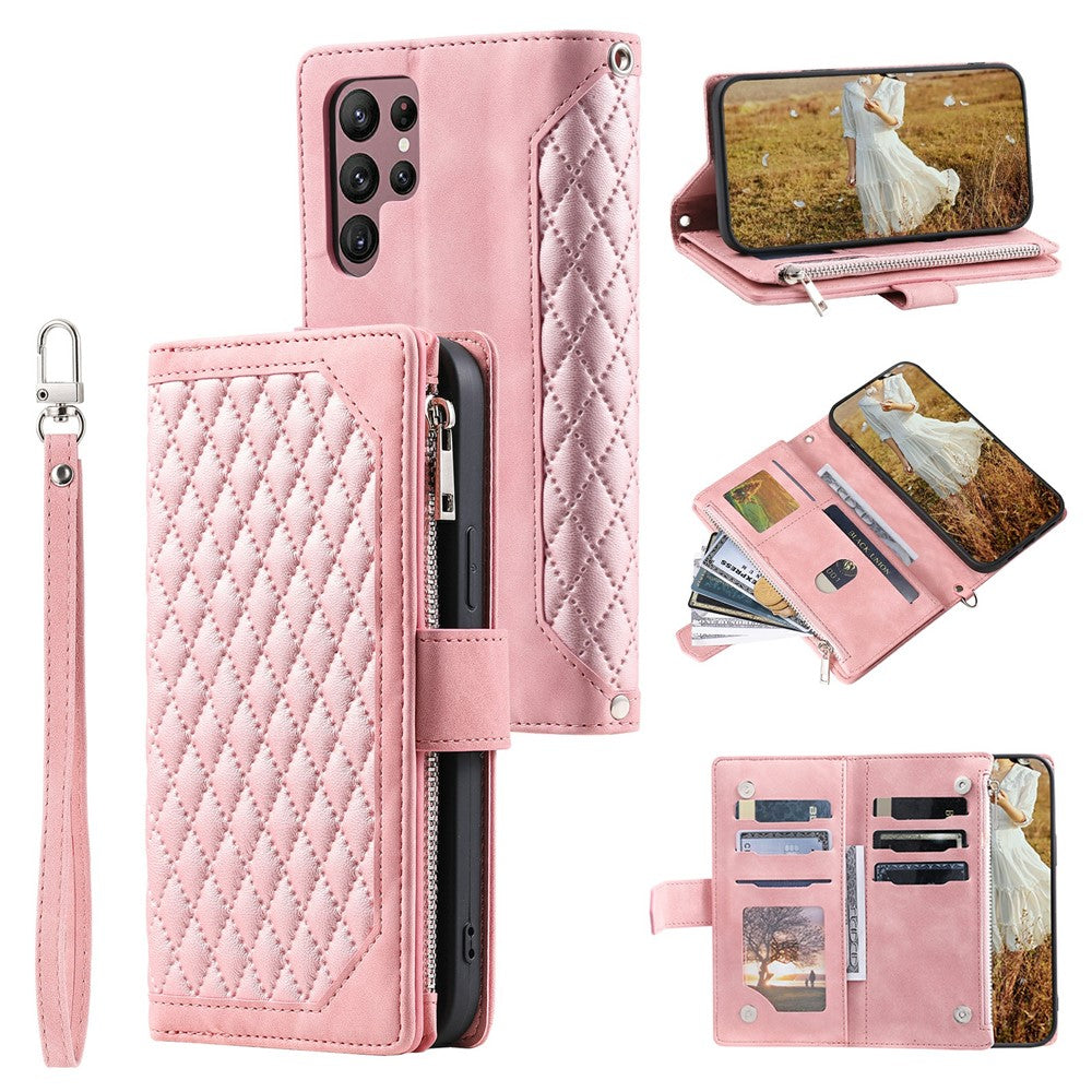 For Samsung Galaxy S26 Ultra Wallet Case Rhombus Stitching Line PU Leather Phone Cover with Wrist Strap