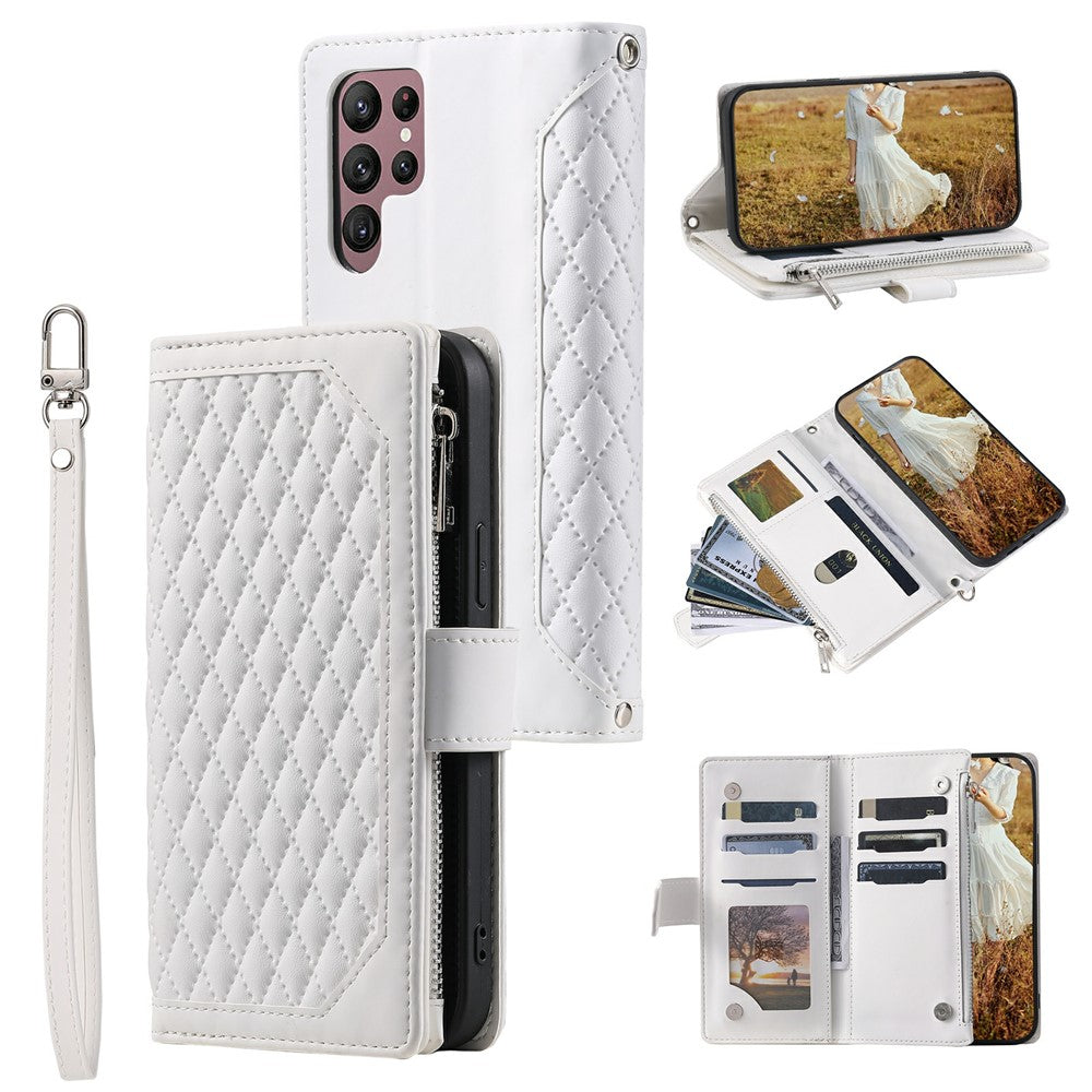 For Samsung Galaxy S26 Ultra Wallet Case Rhombus Stitching Line PU Leather Phone Cover with Wrist Strap