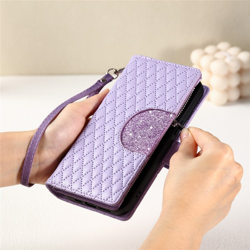 For Samsung Galaxy S26  /  S26 Pro Case Zipper Pocket Glitter Leather Phone Cover with Wrist Strap