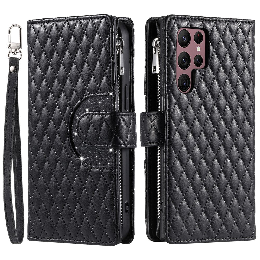For Samsung Galaxy S26 Ultra Case Zipper Pocket Glitter Leather Phone Cover with Wrist Strap