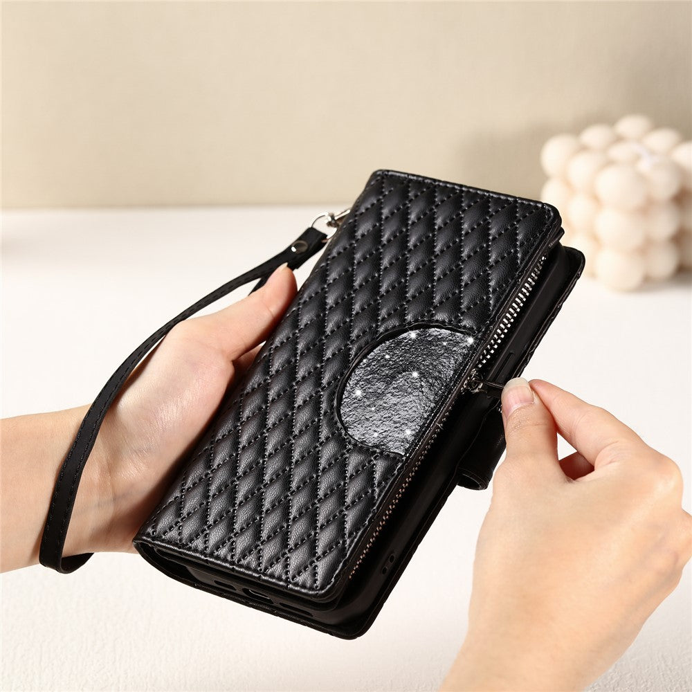 For Samsung Galaxy S26 Ultra Case Zipper Pocket Glitter Leather Phone Cover with Wrist Strap