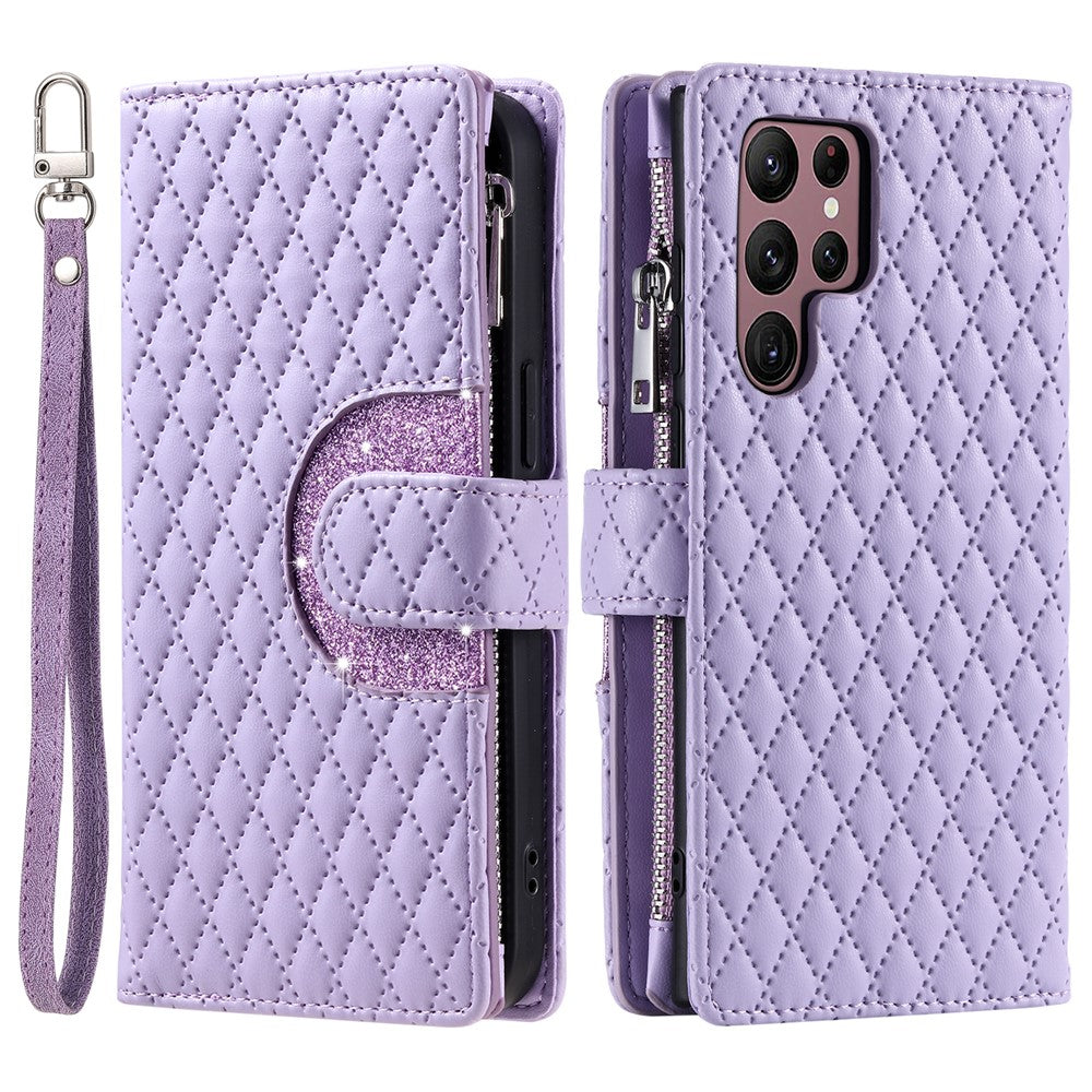 For Samsung Galaxy S26 Ultra Case Zipper Pocket Glitter Leather Phone Cover with Wrist Strap