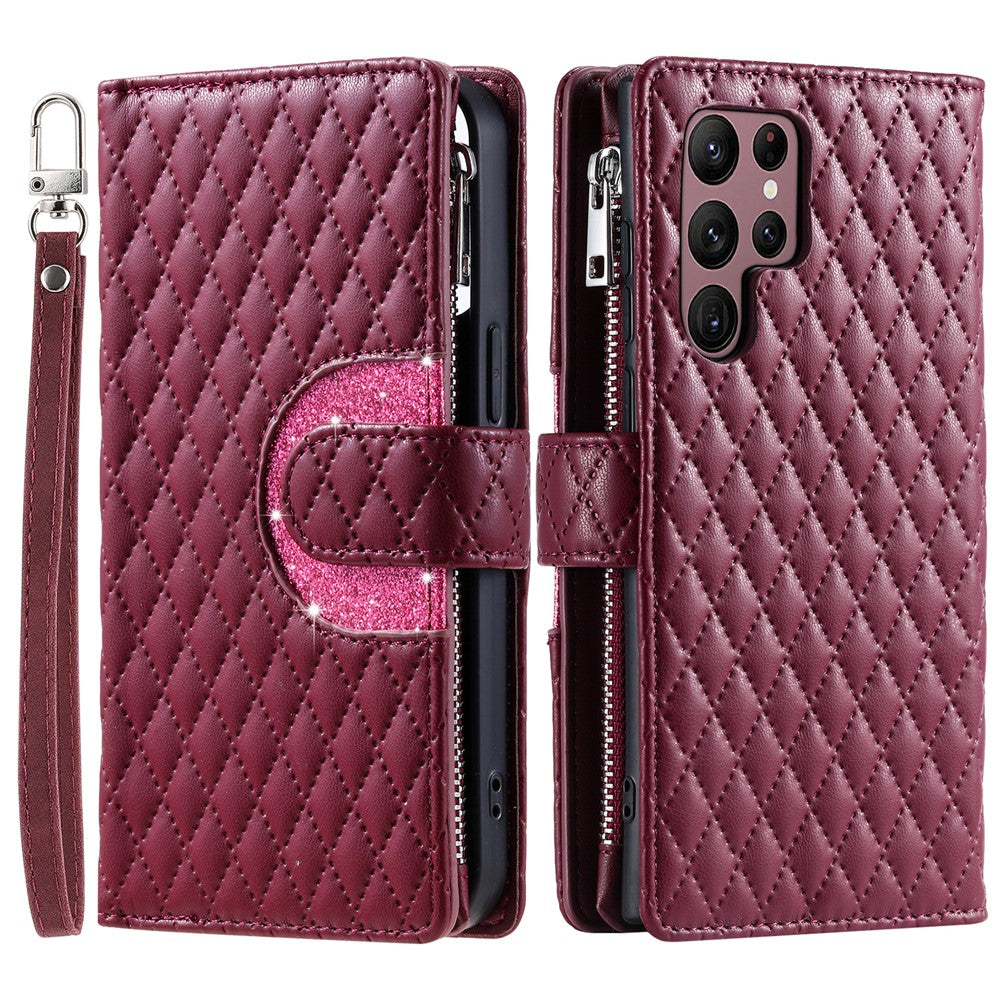 For Samsung Galaxy S26 Ultra Case Zipper Pocket Glitter Leather Phone Cover with Wrist Strap