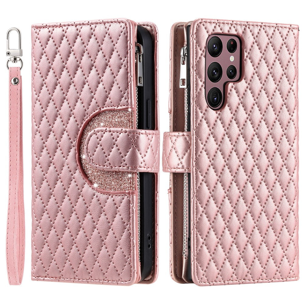 For Samsung Galaxy S26 Ultra Case Zipper Pocket Glitter Leather Phone Cover with Wrist Strap