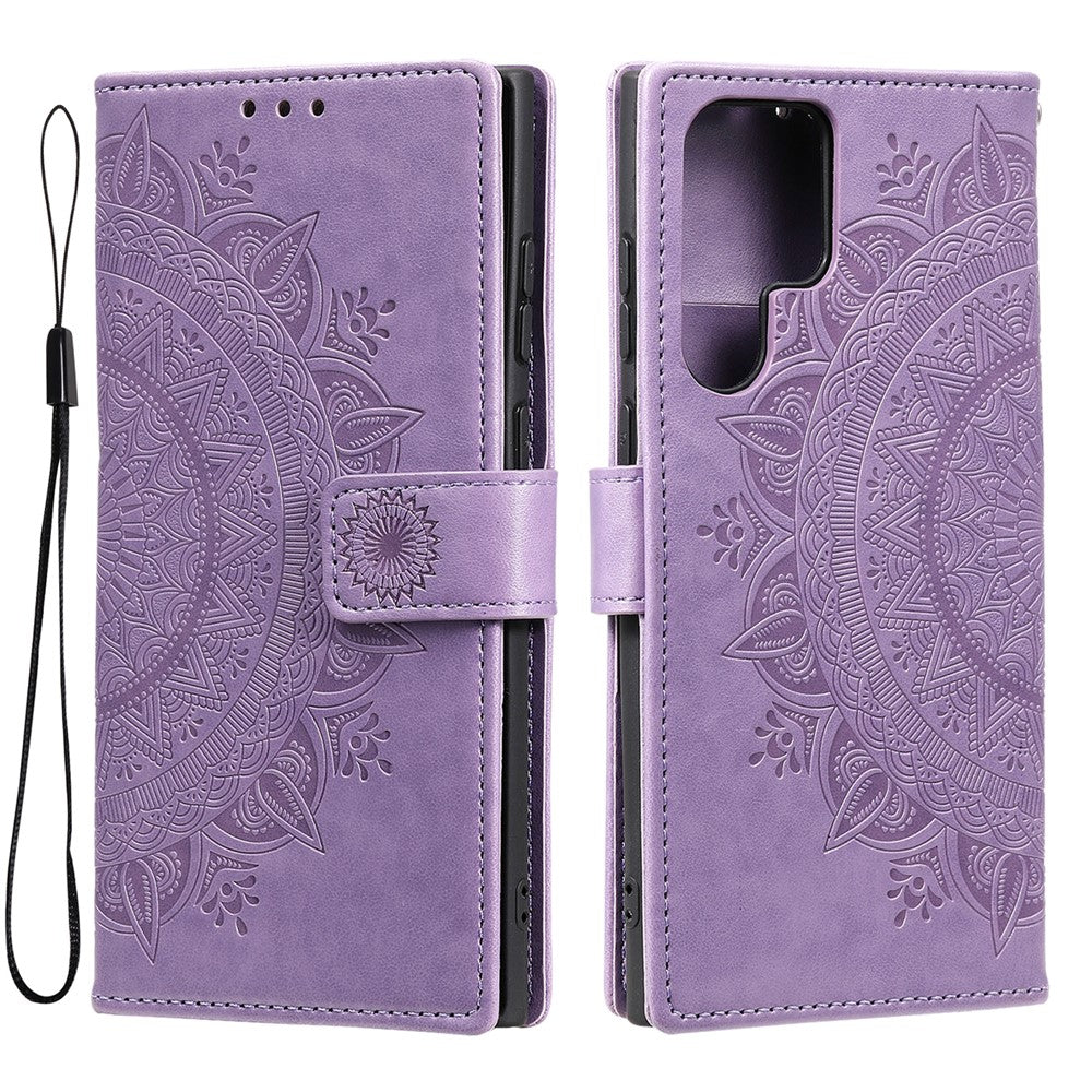 For Samsung Galaxy S26 Ultra Stand Case Imprinted Totem PU Leather Wallet Phone Cover with Wrist Strap