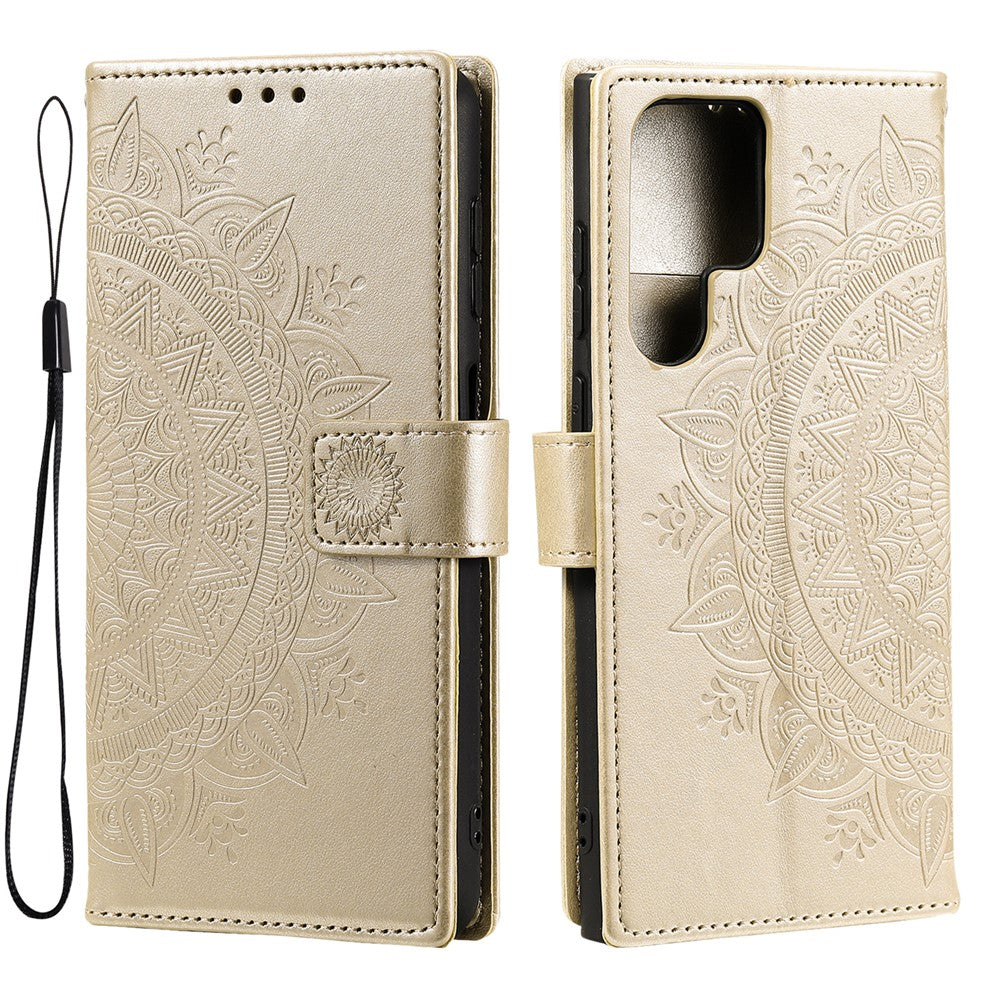 For Samsung Galaxy S26 Ultra Stand Case Imprinted Totem PU Leather Wallet Phone Cover with Wrist Strap