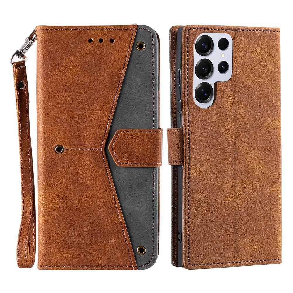For Samsung Galaxy S26 Ultra Leather Case Splicing Stitching Wallet Phone Cover with Wrist Strap