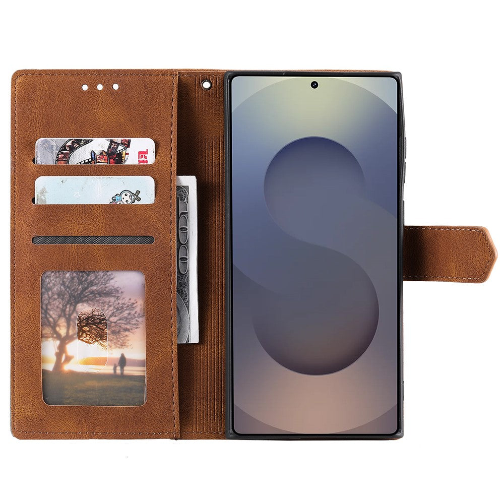 For Samsung Galaxy S26 Ultra Leather Case Splicing Stitching Wallet Phone Cover with Wrist Strap