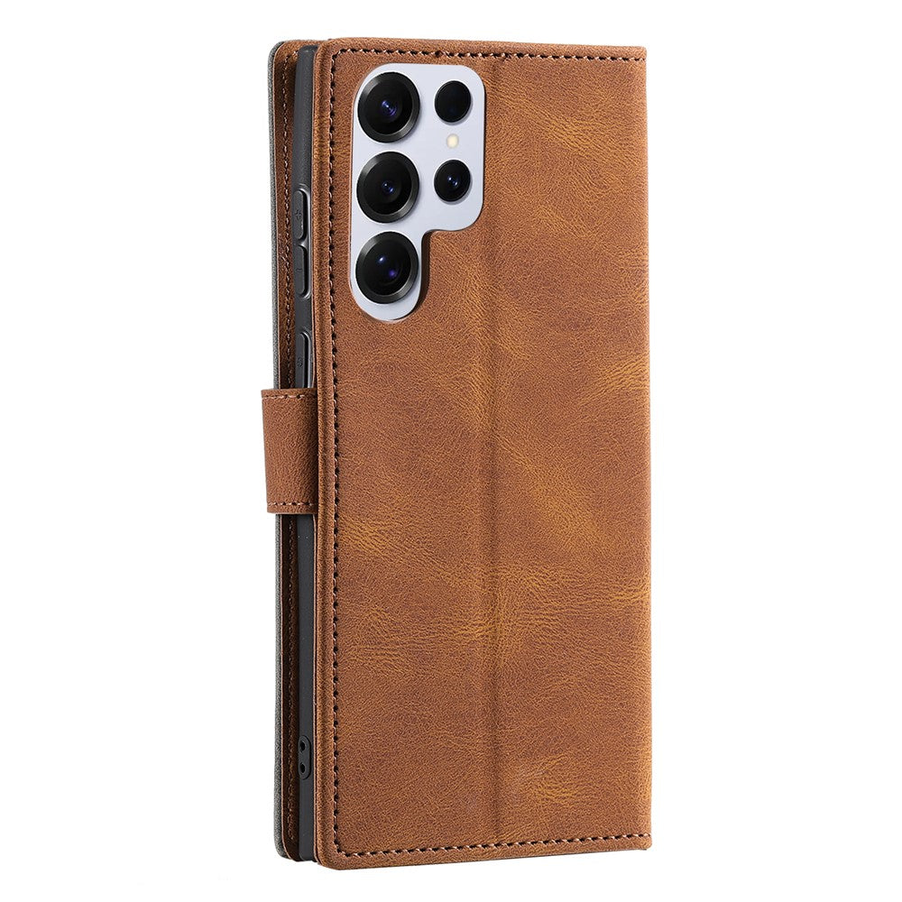 For Samsung Galaxy S26 Ultra Leather Case Splicing Stitching Wallet Phone Cover with Wrist Strap