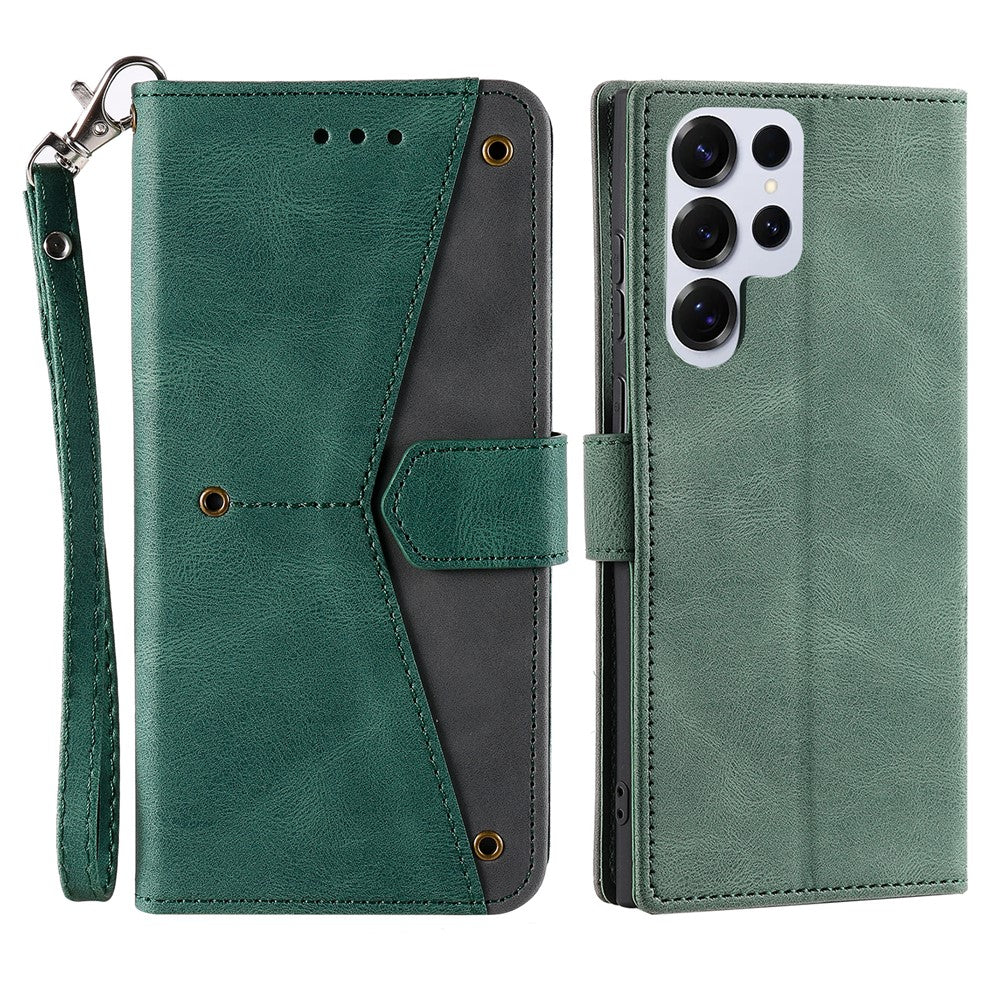 For Samsung Galaxy S26 Ultra Leather Case Splicing Stitching Wallet Phone Cover with Wrist Strap