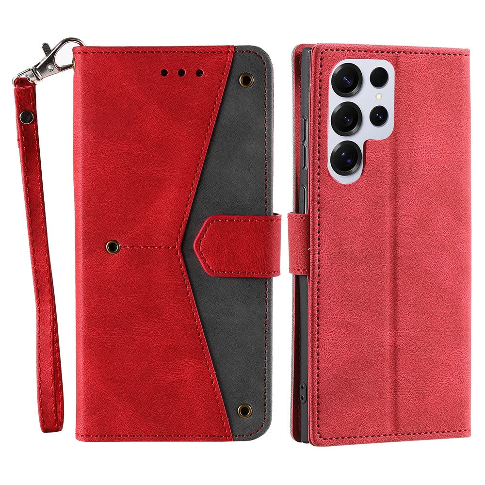 For Samsung Galaxy S26 Ultra Leather Case Splicing Stitching Wallet Phone Cover with Wrist Strap