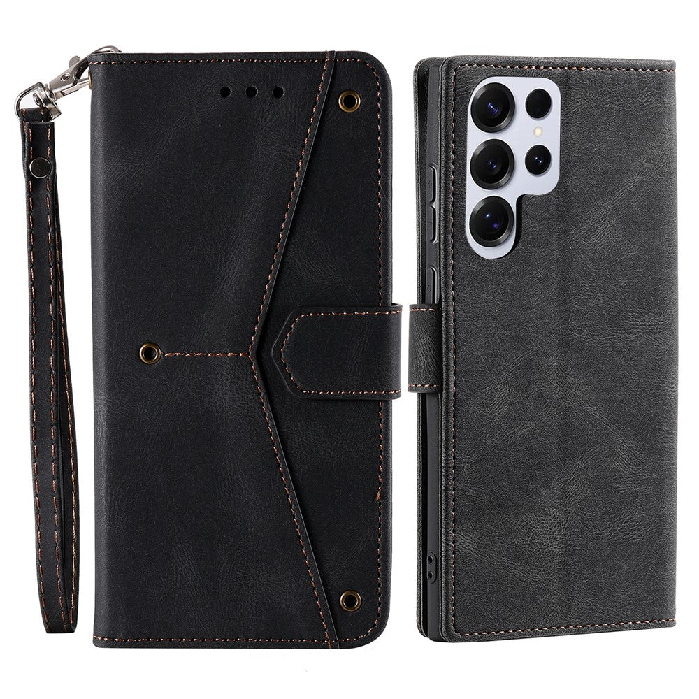 For Samsung Galaxy S26 Ultra Leather Case Splicing Stitching Wallet Phone Cover with Wrist Strap