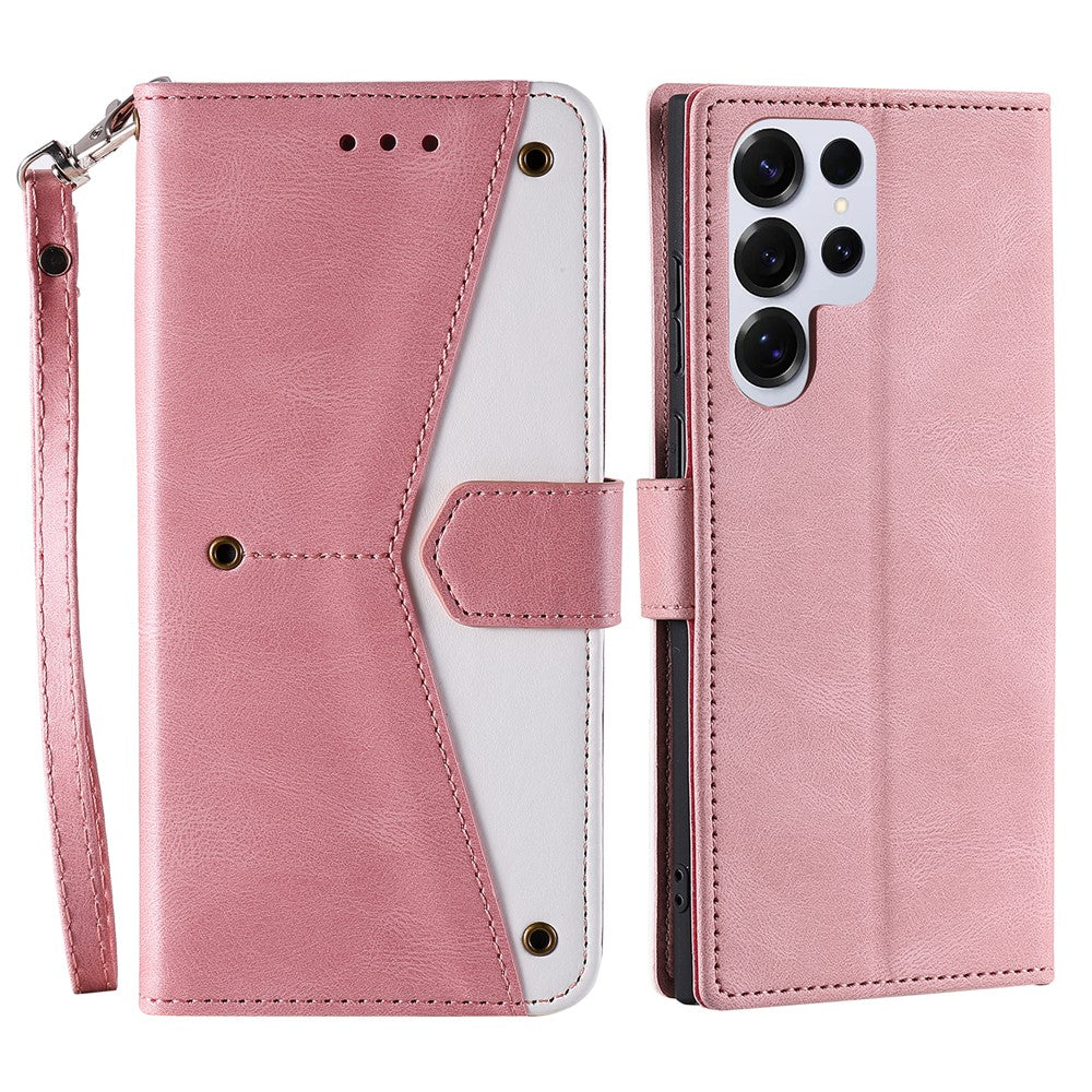 For Samsung Galaxy S26 Ultra Leather Case Splicing Stitching Wallet Phone Cover with Wrist Strap