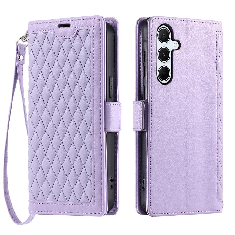 For Samsung Galaxy S26  /  S26 Pro Leather Case Rhombus Texture Wallet Stand Phone Cover with Wrist Strap