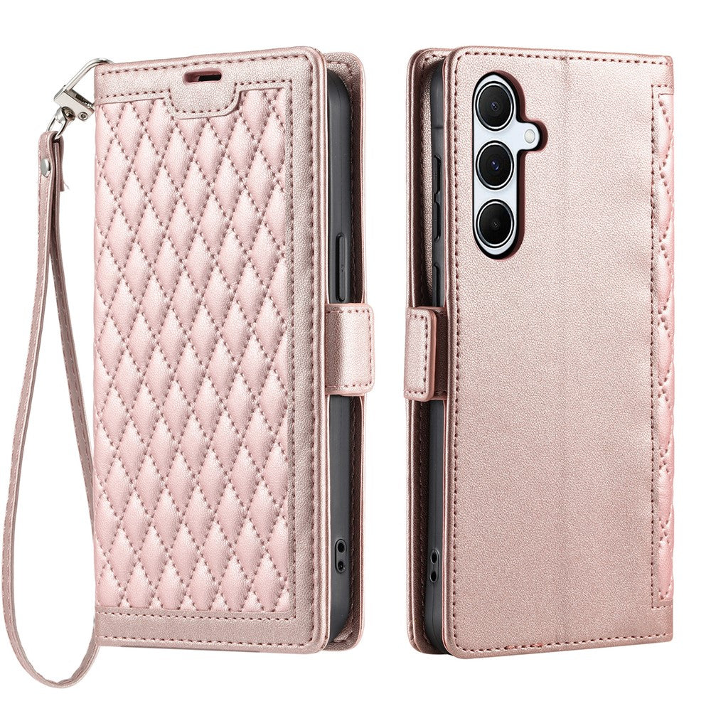 For Samsung Galaxy S26  /  S26 Pro Leather Case Rhombus Texture Wallet Stand Phone Cover with Wrist Strap