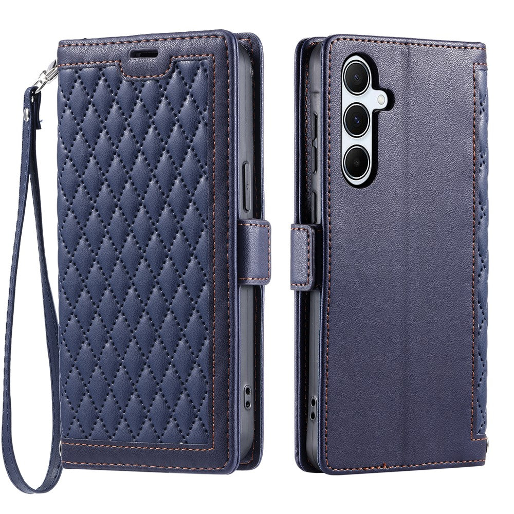 For Samsung Galaxy S26  /  S26 Pro Leather Case Rhombus Texture Wallet Stand Phone Cover with Wrist Strap
