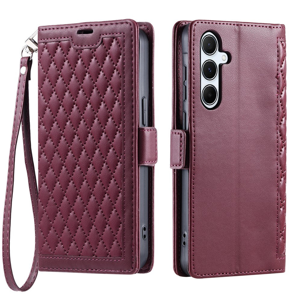 Funda de piel con textura de rombos para Samsung Galaxy S26 / S26 Pro, tipo cartera, con soporte y correa de muñeca.