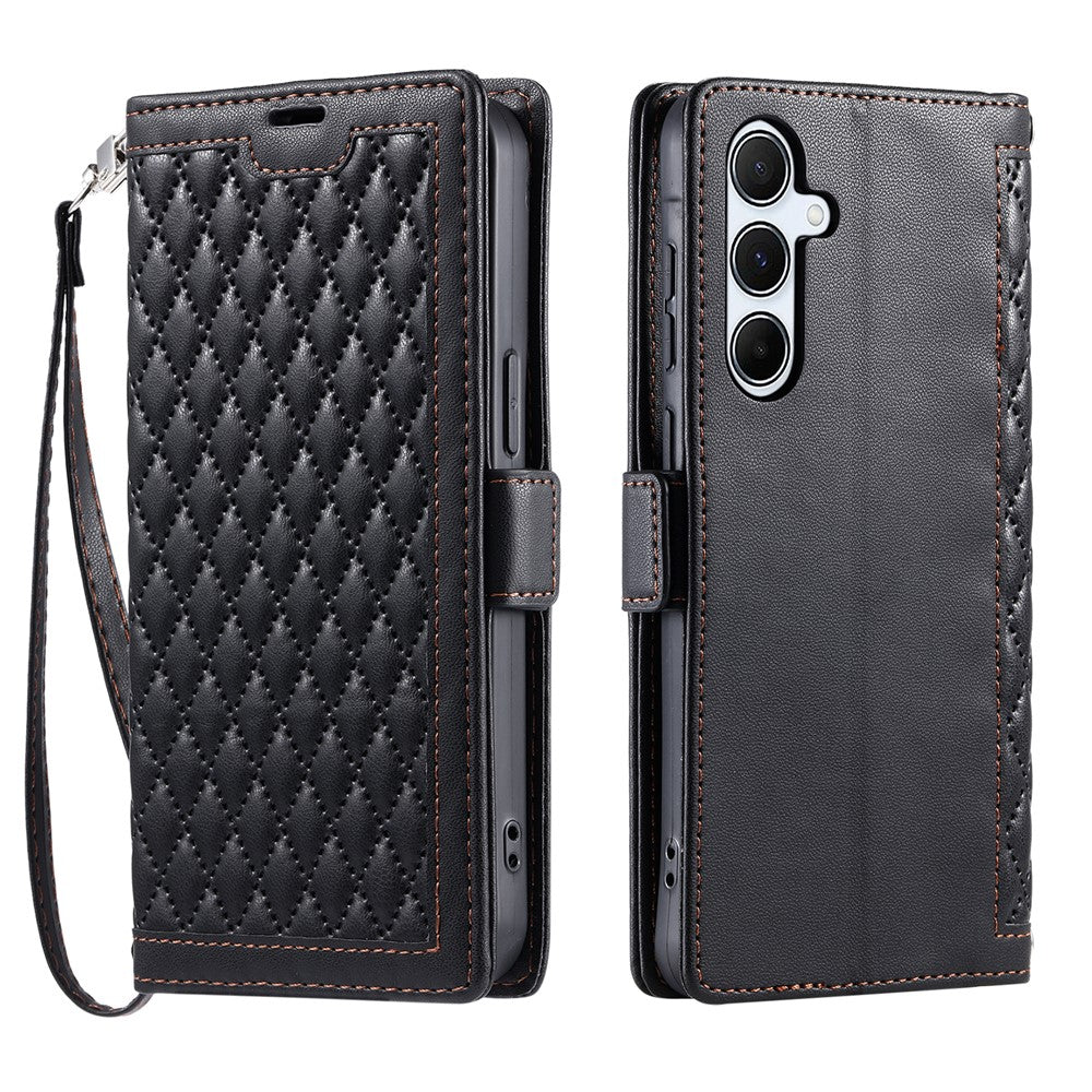 For Samsung Galaxy S26  /  S26 Pro Leather Case Rhombus Texture Wallet Stand Phone Cover with Wrist Strap