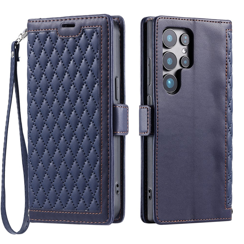 For Samsung Galaxy S26 Ultra Leather Case Rhombus Texture Wallet Stand Phone Cover with Wrist Strap