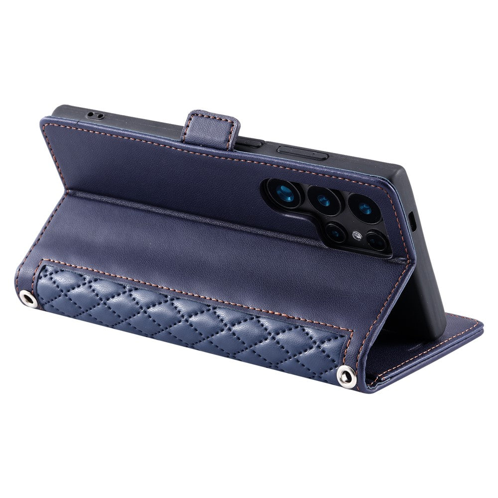 For Samsung Galaxy S26 Ultra Leather Case Rhombus Texture Wallet Stand Phone Cover with Wrist Strap