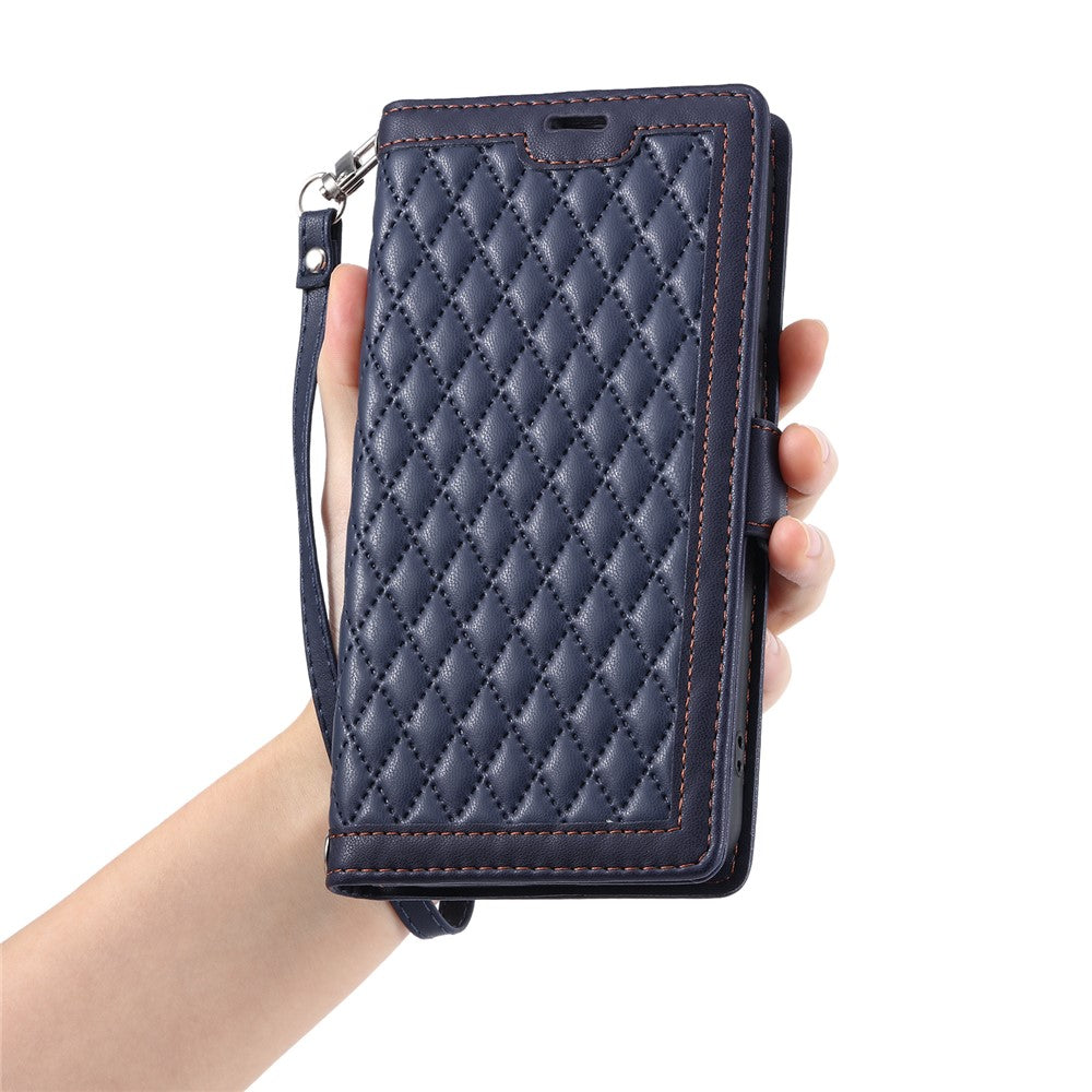 For Samsung Galaxy S26 Ultra Leather Case Rhombus Texture Wallet Stand Phone Cover with Wrist Strap