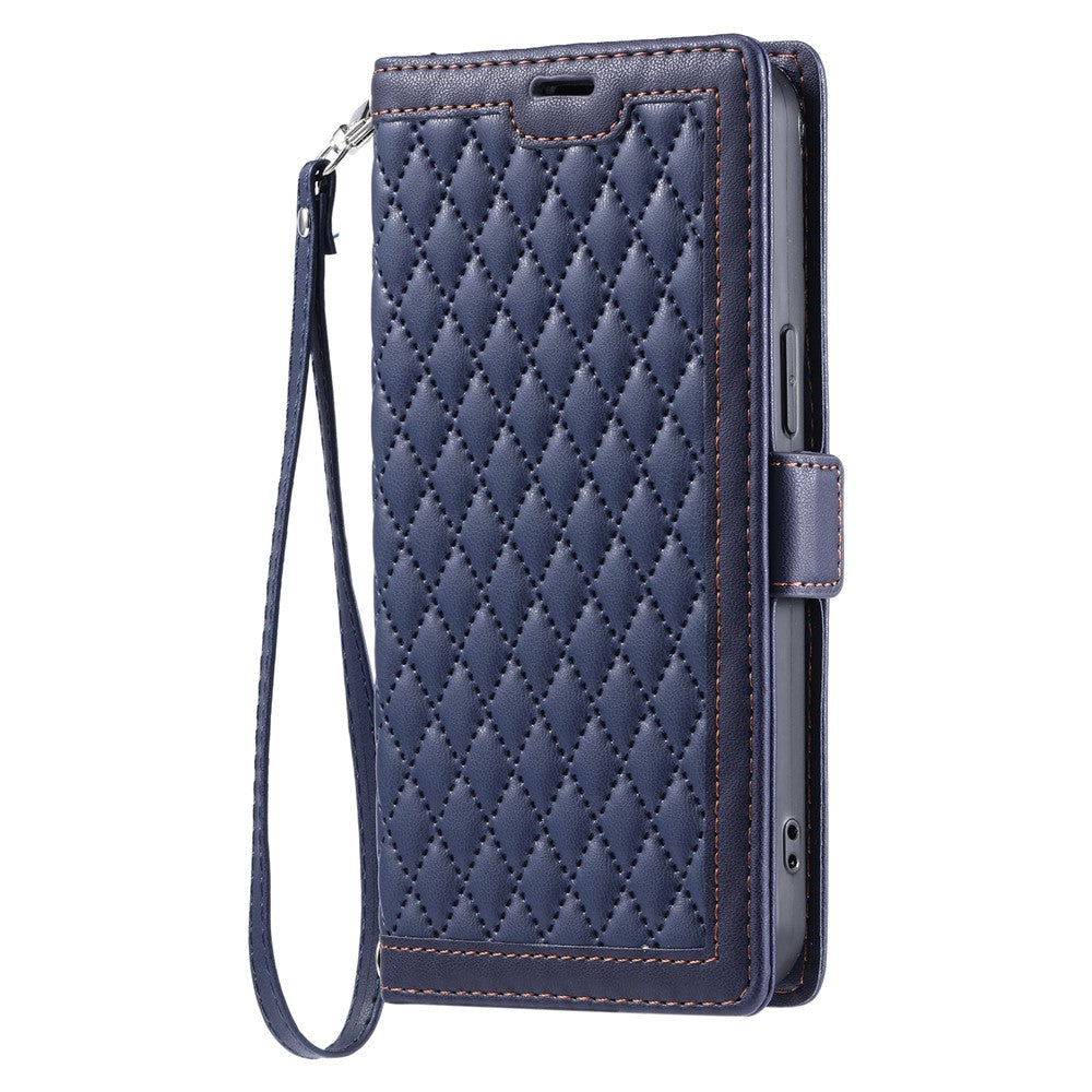 For Samsung Galaxy S26 Ultra Leather Case Rhombus Texture Wallet Stand Phone Cover with Wrist Strap