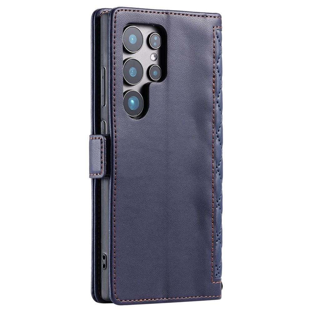 For Samsung Galaxy S26 Ultra Leather Case Rhombus Texture Wallet Stand Phone Cover with Wrist Strap