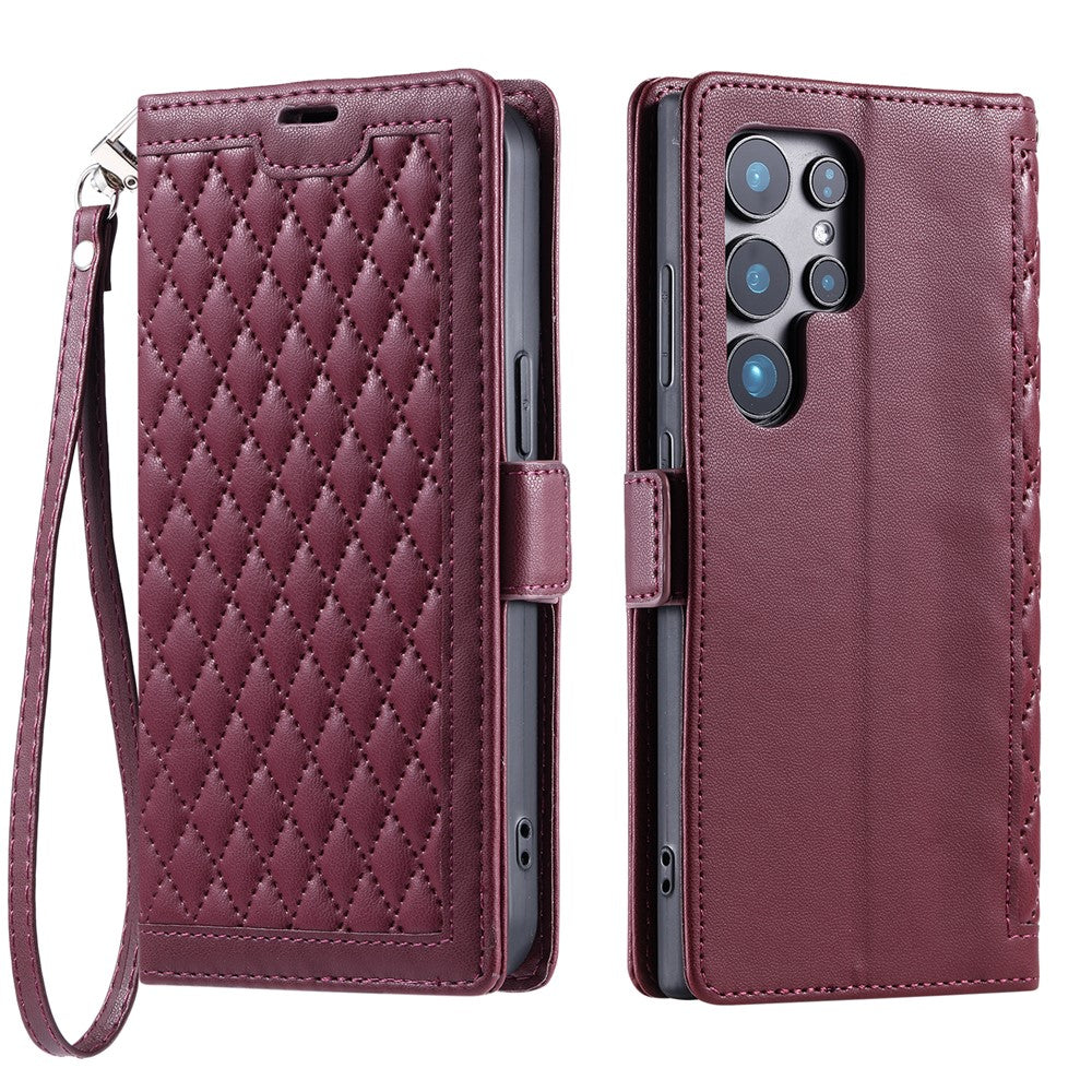 For Samsung Galaxy S26 Ultra Leather Case Rhombus Texture Wallet Stand Phone Cover with Wrist Strap