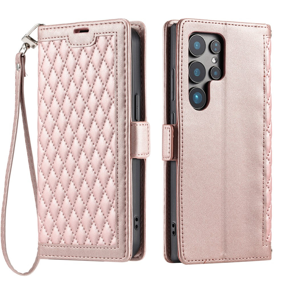 For Samsung Galaxy S26 Ultra Leather Case Rhombus Texture Wallet Stand Phone Cover with Wrist Strap